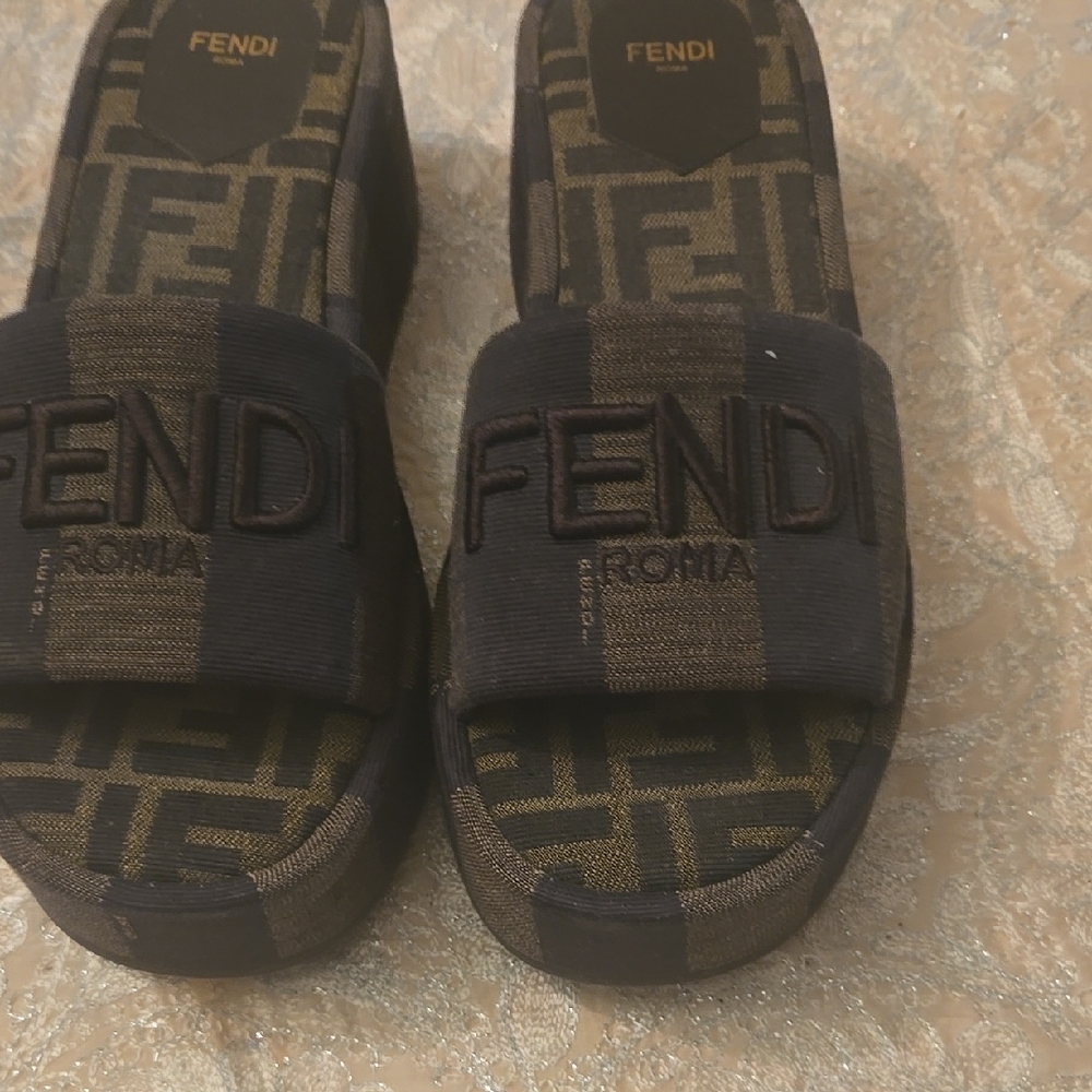 Fendi Black and Brown Zucca Patterned Slides